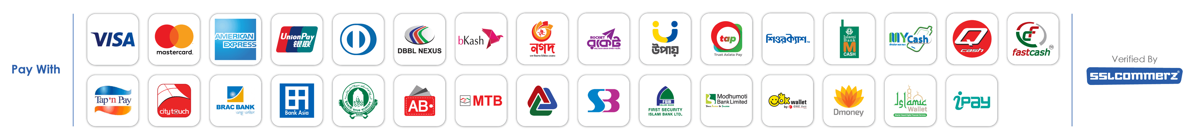 Accepted payment methods — Visa, Mastercard, bKash, Nagad, Rocket, bank transfer, and more via SSLCommerz