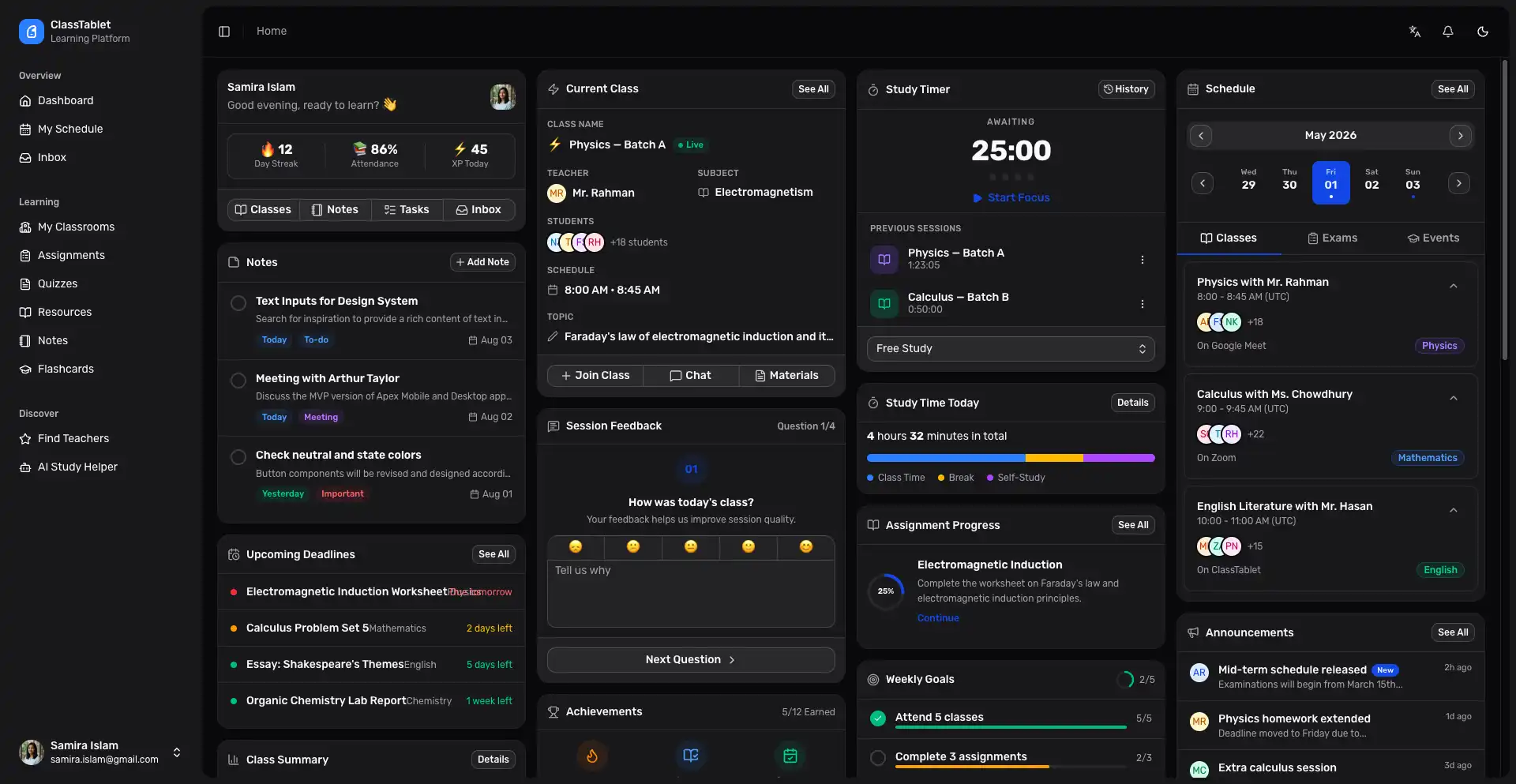 ClassTablet student dashboard
