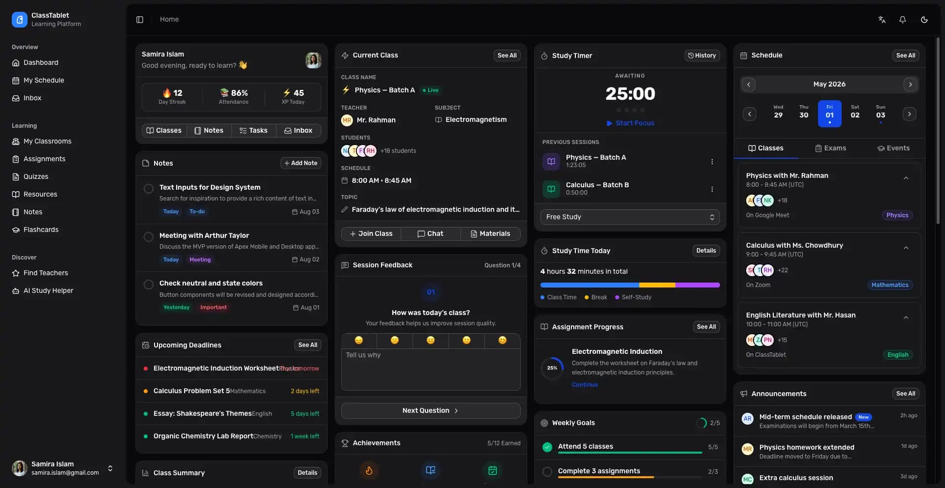 ClassTablet student dashboard