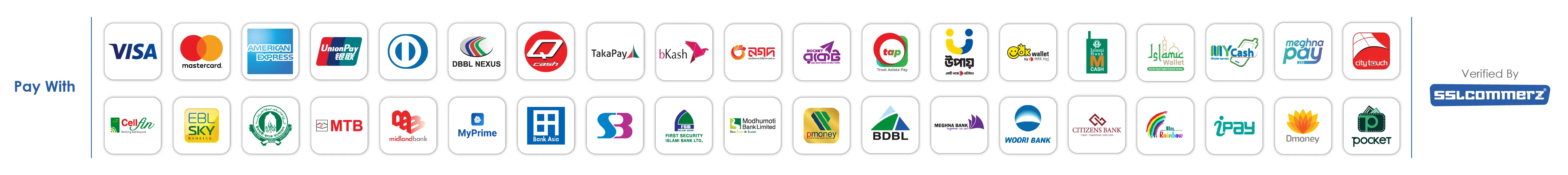 Accepted payment methods: Visa, Mastercard, bKash, Nagad, Rocket, bank transfer and more, settled by SSLCommerz